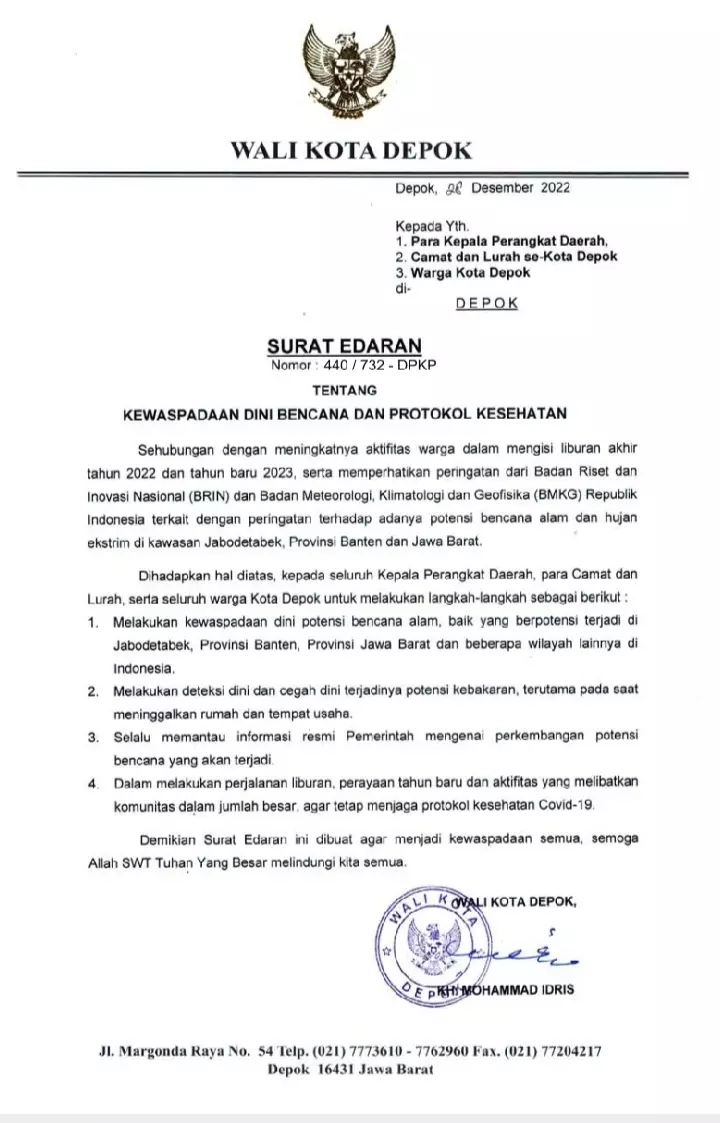 Wali Kota Depok Keluarkan SE Terkait Kewaspadaan Dini Bencana dan Protokol Kesehatan