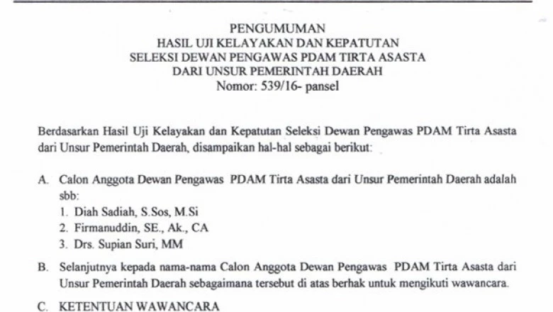 Tiga Nama Kandidat Dewan Pengawas PDAM Tirta Asasta dari Unsur Pemerintah Daerah