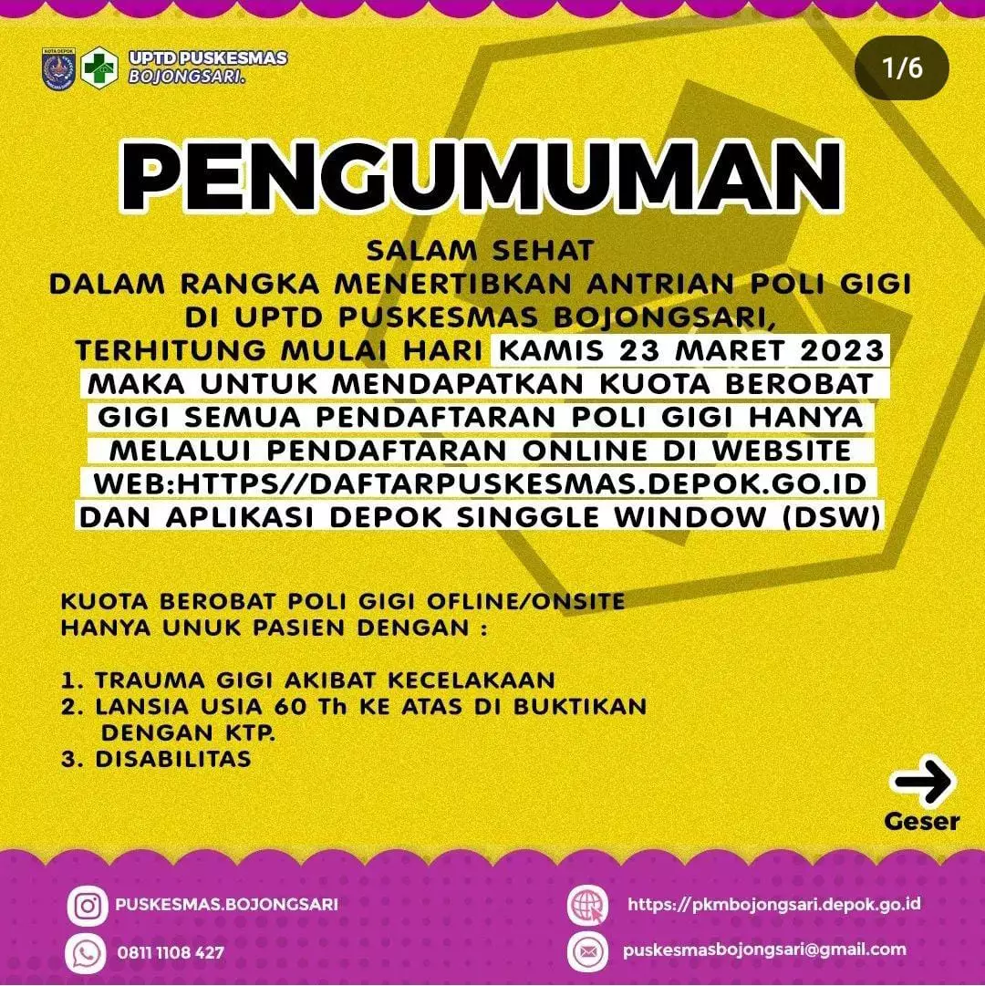 Pendaftaran Layanan Poli Gigi Puskesmas Bojongsari Bisa Dilakukan melalui DSW