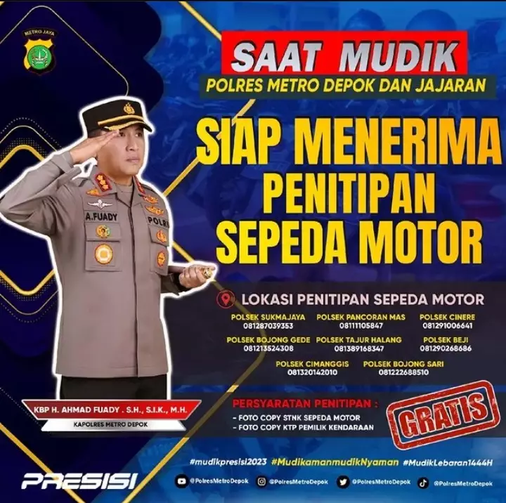 Jelang Mudik Lebaran, Polres Metro Depok Sediakan Tempat Penitipan Motor
