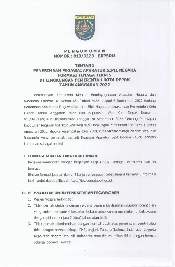 Pemkot Depok Buka Penerimaan PPPK Tenaga Teknis, Ada 38 Formasi
